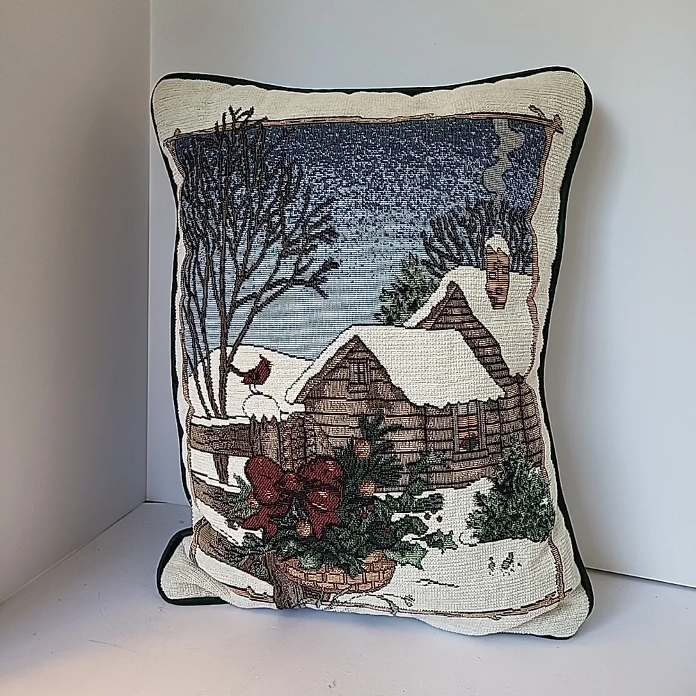 1990s Vintage Winter Cabin Tapestry Pillow 16